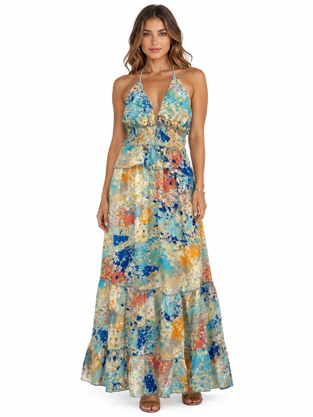 Silk Blend Abstract Halter Maxi Dress Boho Open Back Smocked Waist Tiered EUC